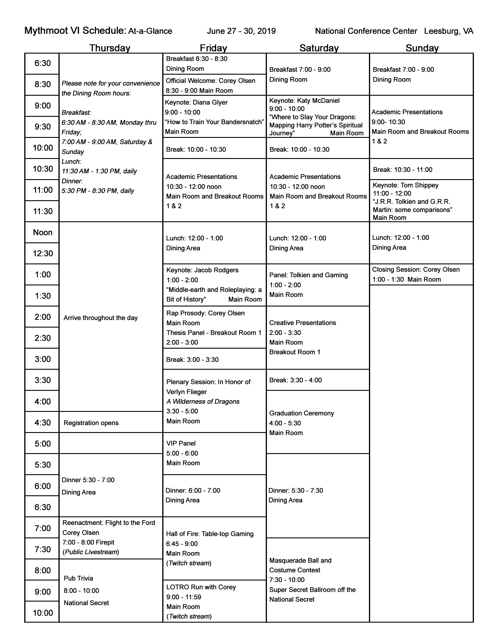 Mythmoot VI Schedule at a Glance
