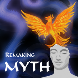 Mythmoot 9 logo, a phoenix rising up from the head of a humanoid bust.