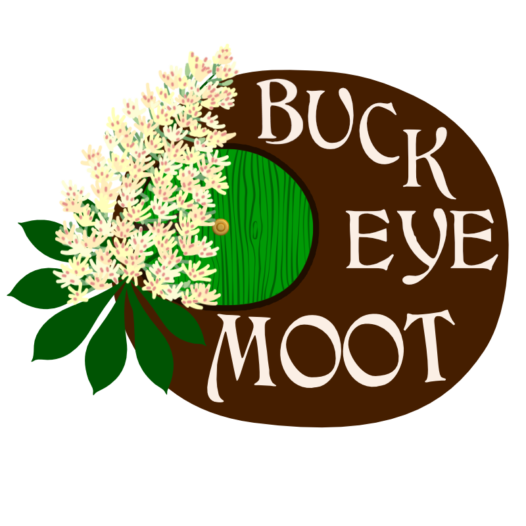 a clip art style logo showing a seed of Aesculus glabra, the buckeye tree, along with its jaunty white composite flower. The light patch of the buckeye nut is made to look like a round green door, inviting you in for an unexpected party