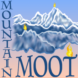 the words "Mountain Moot" on a background of blue sky and blue snow-capped mountains and delight of my eye! There is a fire blazing on the highest mountain and one on a nearer mountain and one on the letter T of Moot—the fires have been lit calling us to action!