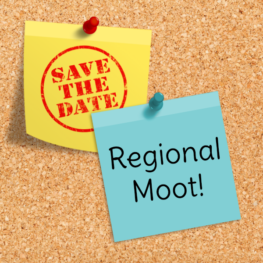 on a field of cork, per pale, a post-it not or labeled "Save the Date" and, on the dexter, a post it note azure labeled "Regional Moot"