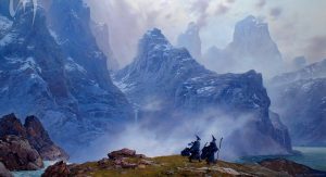 Jagged snow-covered mountains with small mortal beings hiking past.