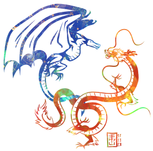 A blue European-looking dragon and a red-orange Chinese looking dragon have twined their tails in flight.