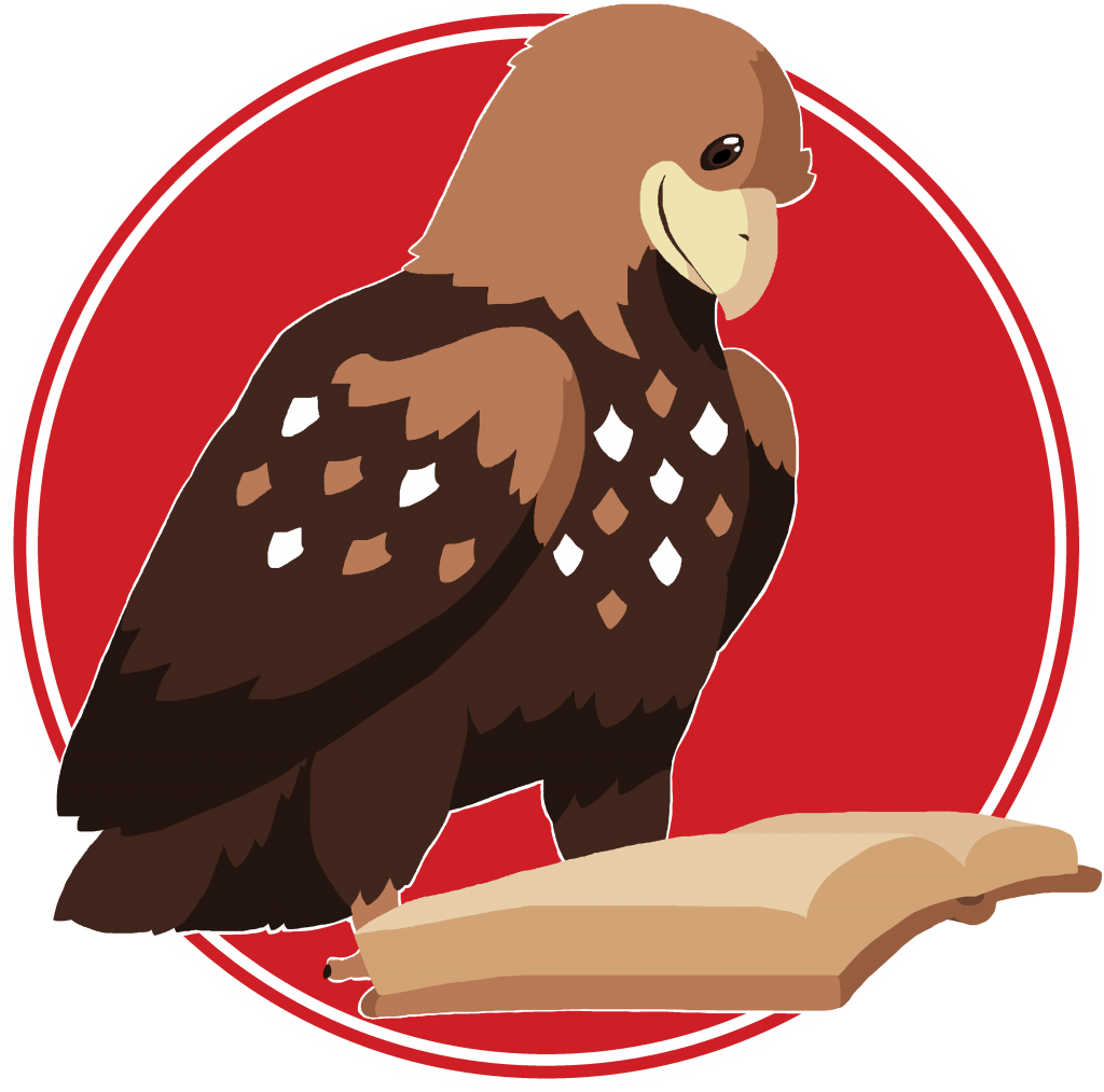 Siggy the clip art eagle smilingly peruses an open tome. Siggy might be a golden eagle; the tome might be a leather-bound nineteenth century novel.