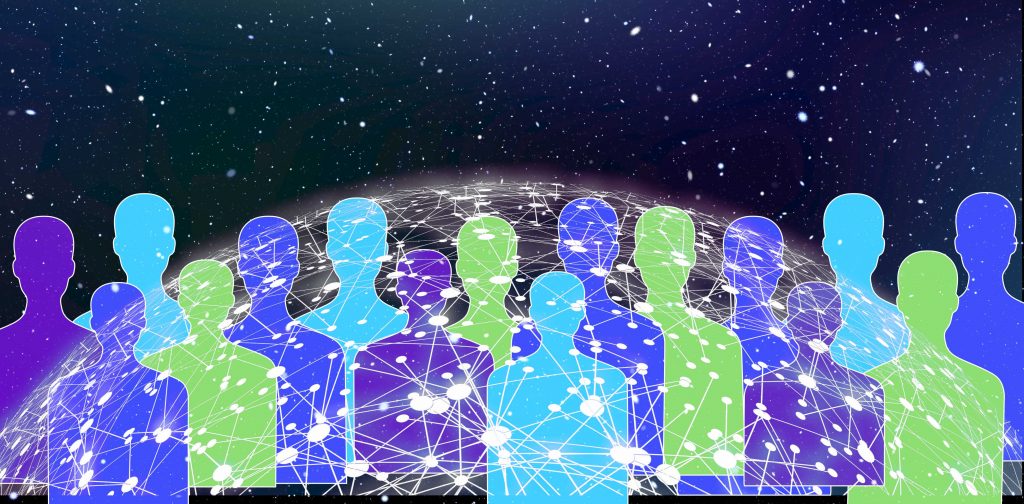 A graphic of an interconnected web on green and blue human silhouettes.