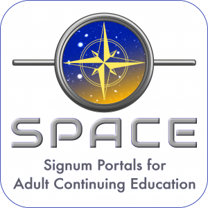 SPACE: Signum Portals for Adult Continuing Education — logo of the golden compass on a field of stars in a blue and gold sky