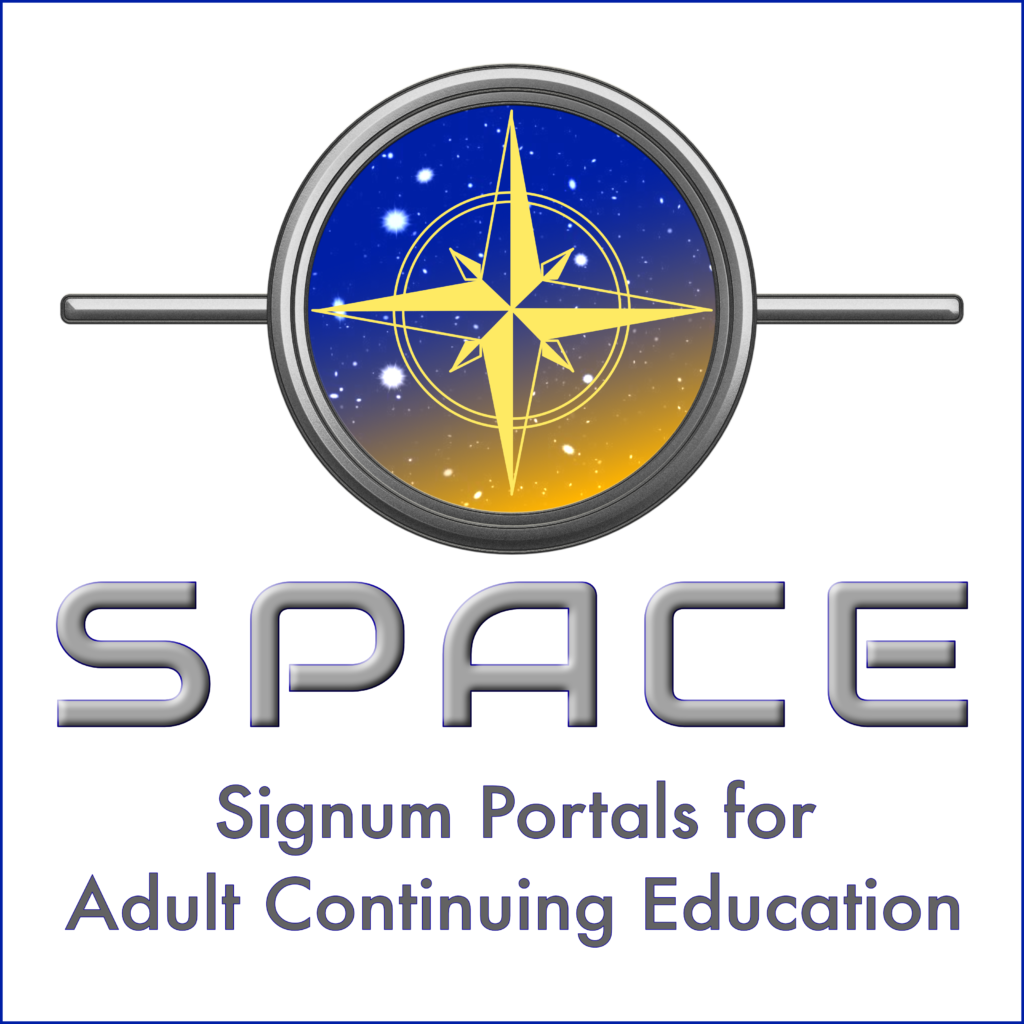 SPACE logo is a golden compass on a field of stars.