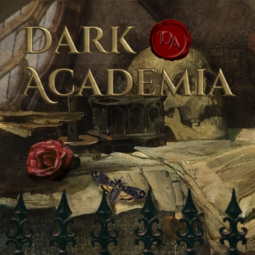 The logo for the Dark Academia course. it looks like an acrylic painting of shelves full of potions, a set of old-fashioned keys, a skull, a rose, a fairly large creepy moth, and a background and foreground which imply stone walls and pointy iron fences.