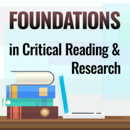 Logo for the Foundations in Critical Reading & Research course is a clip art style graphic of a shelf, an open laptop, and a stack of thick books with different colored spines.
