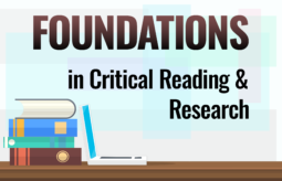 Logo for the Foundations in Critical Reading & Research course is a clip art style graphic of a shelf, an open laptop, and a stack of thick books with different colored spines.