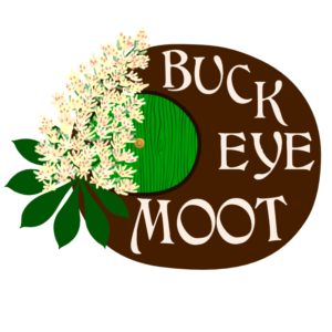 a clip art style logo showing a seed of Aesculus glabra, the buckeye tree, along with its jaunty white composite flower. The light patch of the buckeye nut is made to look like a round green door, inviting you in for an unexpected party
