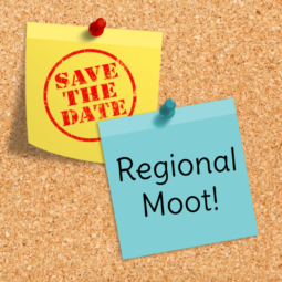 on a field of cork, per pale, a post-it note or labeled "Save the Date" and, on the dexter, a post it note azure labeled "Regional Moot"
