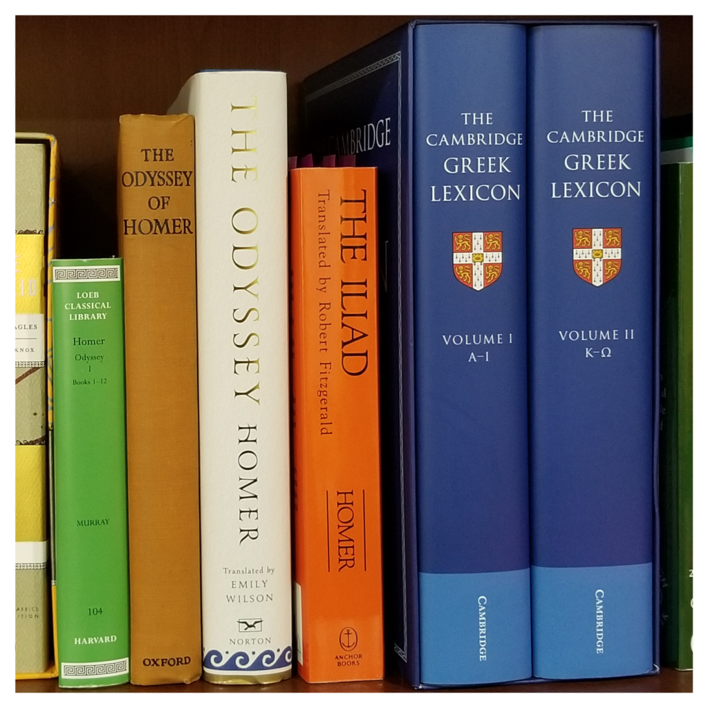 A selection of Greek texts, such as The Odyssey and The Iliad, arranged upright on a bookshelf.
