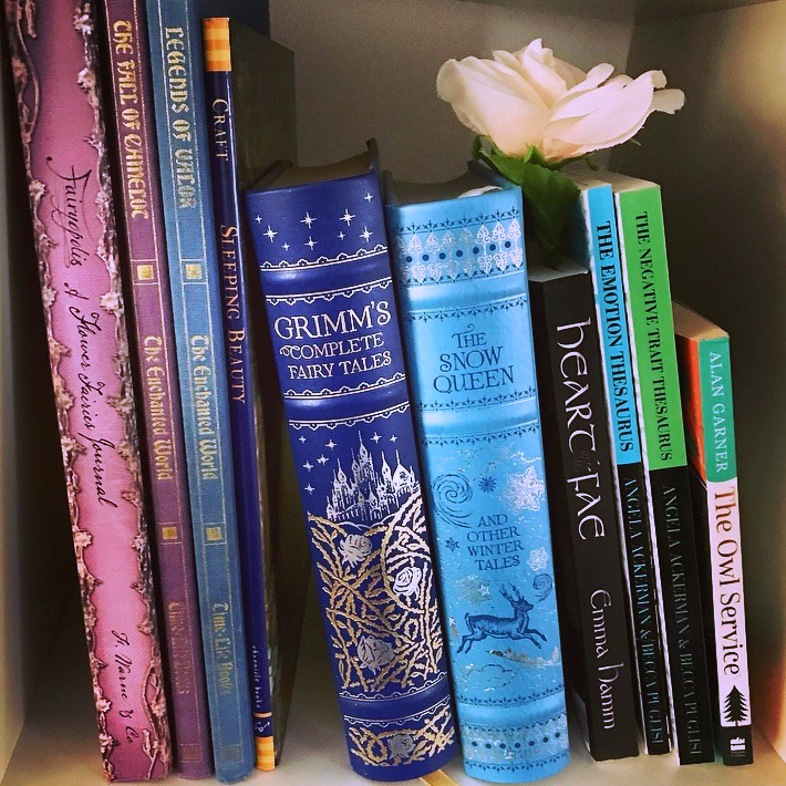 Colorful fantasy books lined up on a shelf with a white flower sitting on top