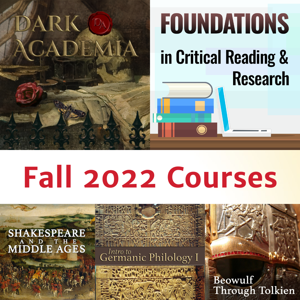 The course graphics for the five Fall courses are shown in a block: cool creepy things for Dark Academia, a stack of books for Foundations, a Renaissance painting looking graphic for Shakespeare, and the graphics for both Philology and Beowulf are really cool artifact-looking things, but I am not clever enough to know what these beautiful carven looking things are except they make me want to take the courses and find out about them. The Beowulf one looks kind of like a brazen helmet and full face mask with red gem inlays and the Philology one is kind of carven bone with runes and saints and stuff.