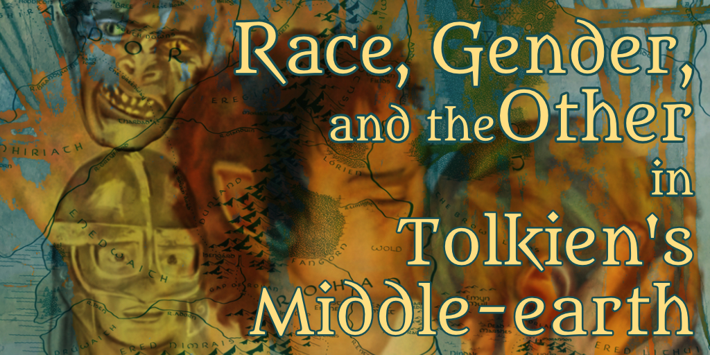 The words "Race, Gender, and the Other in Tolkien's Middle-earth" in golden yellow on a background of a variety of drawn faces of persons of different middle-earth races. the faces have been drawn as in "possibly painted or chalked or something" not drawn as in "quartered"
