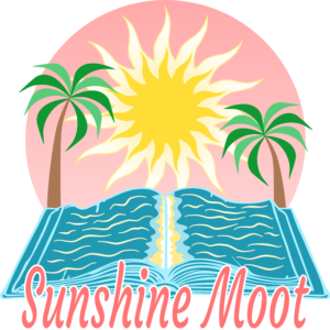 A cheery yellow sun in a pink sunset sky sets into a book-shaped turquoise sea. Two jaunty palm trees flank the sun and the words "Sunsine Moot" are written across the bottom of the image in a pleasantly handwriting-like font. Someone designed this with an eye to cheerful colors, not overly bright, and I personally now feel like sipping rum drinks while reading a fabulous book on the beach.