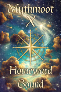 Mythmoot X: Homeward Bound. The stylized compass rose in this image is backgrounded by a skyscape, allowing us to daydream about ships which sail the heavens or the seas beneath.