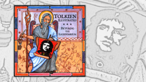 Tolkien Illustrated: Picturing the Legendarium course artwork. Medieval-styled picture of a man with a staff and gray beard painting a picture of a man's face.