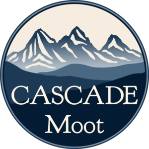 The vanilla-colored words "Cascade Moot" float above a picture of deep blue-spruce colored hills in front of lighter hills backing up to rugged snow-covered mountains