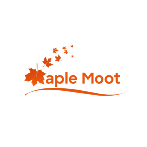 Falling orange mape eaves trail across the image. The largest one falls step-up with the lobes forming the letter M, the initial of the words Maple Moot!