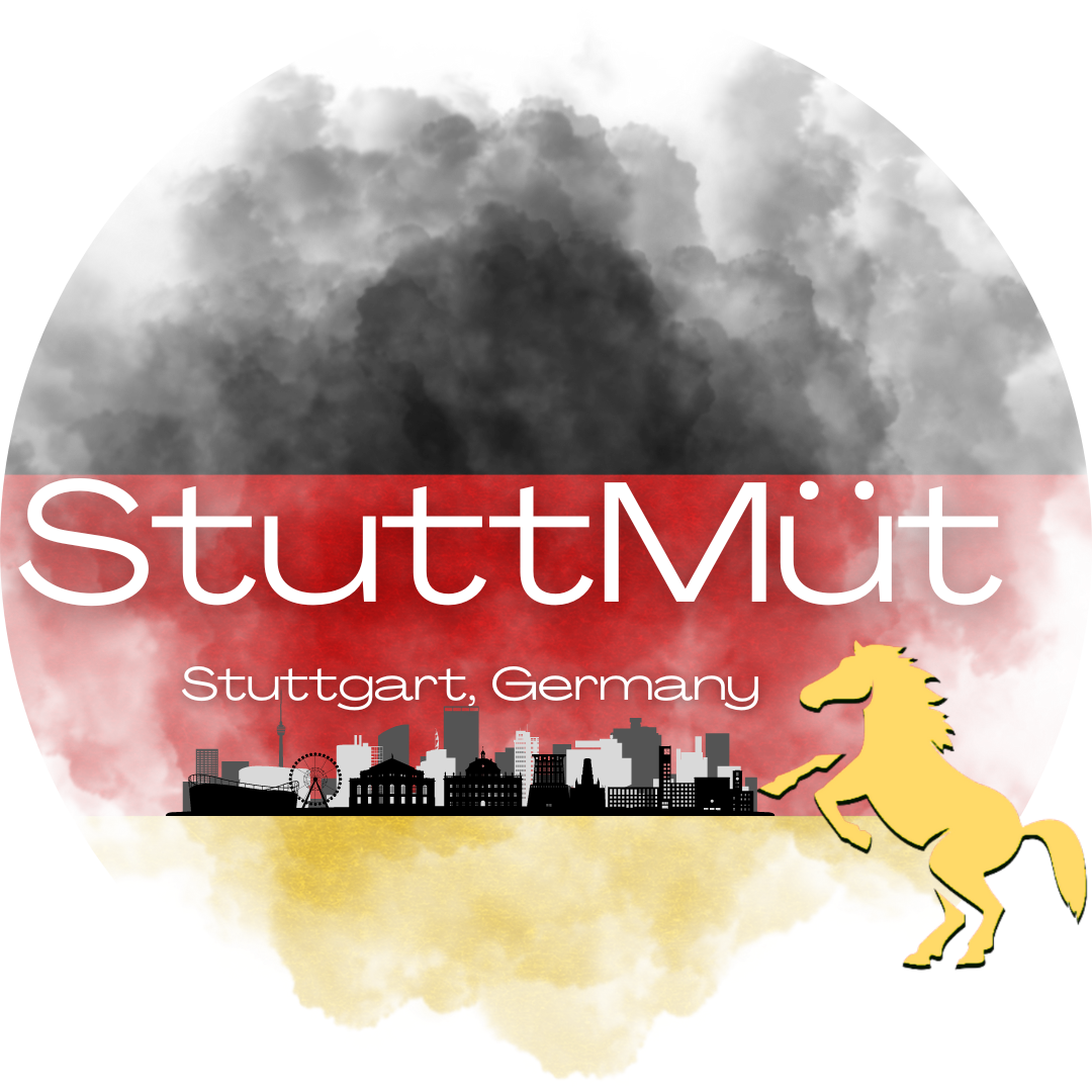 A cloudy circle of black, red, and gold surrounds the word "StuttMut". A yellow horse is rearing on the bottom right.