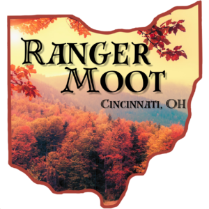 An icon in the shape of the state of Ohio with "Ranger Moot - Cincinnati, OH" written inside it. The fall foliage of a forest shows hues of red, brown, and yellow.