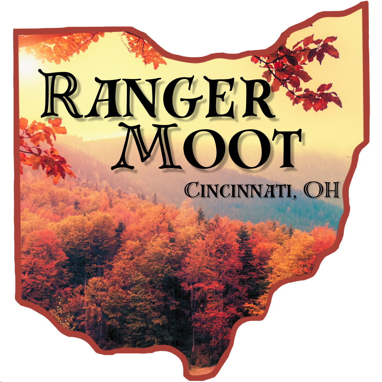 An icon in the shape of the state of Ohio with "Ranger Moot - Cincinnati, OH" written inside it. The fall foliage of a forest shows hues of red, brown, and yellow.