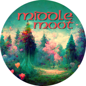 A bucolic forest glade featuring many green trees and a tree with pink leaves in the middle.