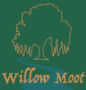 A yellow outline of a large willow tree on a green background, the tree's leaves drooping into a meandering blue river.