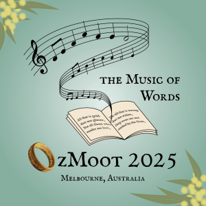 On a light green background, a small book with Bilbo's "All That is Gold Does Not Glitter" poem has a stream of musical notes escaping out of it into the air. Below the book, it says "OzMoot 2025 - Melbourne, Australia"