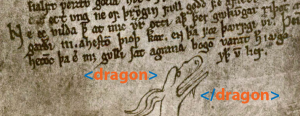 a bit of calligraphed manuscript and at the bottom an html tag saying begin dragon, followed by a head and neck sketch of a fierce fanged beast followed by the html tag end dragon.