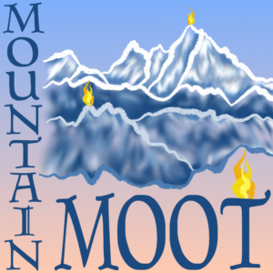 The words "Mountain Moot" frame an impressionistic image of ranges of snowy mountains reaching into the sky. Signal fires burn on the farthest peak, a near mountain, and a torch made from the letter T of Moot.