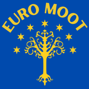 Euro Moot logo. A yellow Tree of Gondor with seven stars in a half-circle above it on a blue background. Euro Moot is written on top. It invokes the idea of the European Union flag with the blue background and yellow stars.