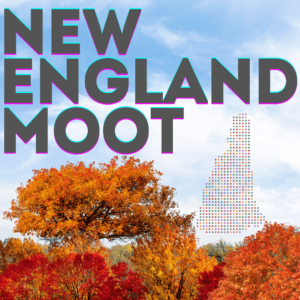 A blue sky with gorgeous autumn colored leaves featuring reds, yellows, and browns. It says New England Moot over the sky with an outline of the state of New Hampshire between the text and the trees.