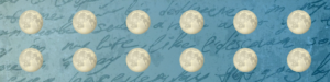 Twelve full moons in a teal-ombre sky full of handwritten words.