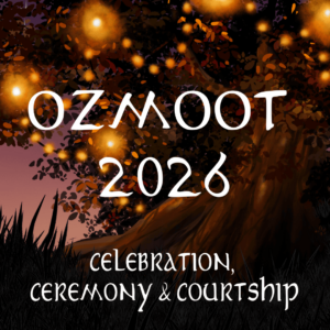 A large tree with strung lights in the branches, which evokes Bilbo's party tree in The Lord of the Rings. "OzMoot 2026 - Celebration, Ceremony, and Courtship" is written over the image.