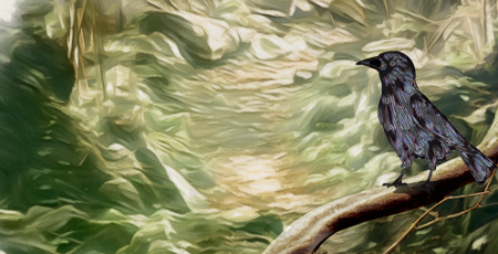 A painting of a crow on a branch in a shady woods.