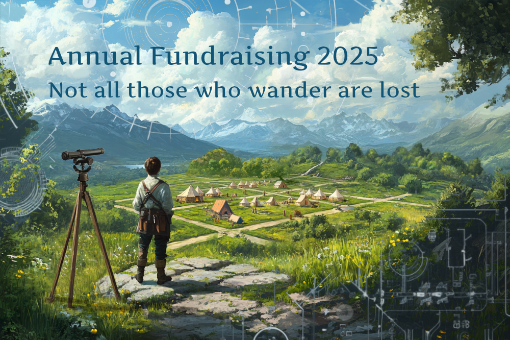 Annual Fundraising 2025: Not all those who wander are lost. A hobbit-proportioned fellow with surveying equipment looks out over a grassy expanse with small houses scattered on it. Mountains loom in the background!