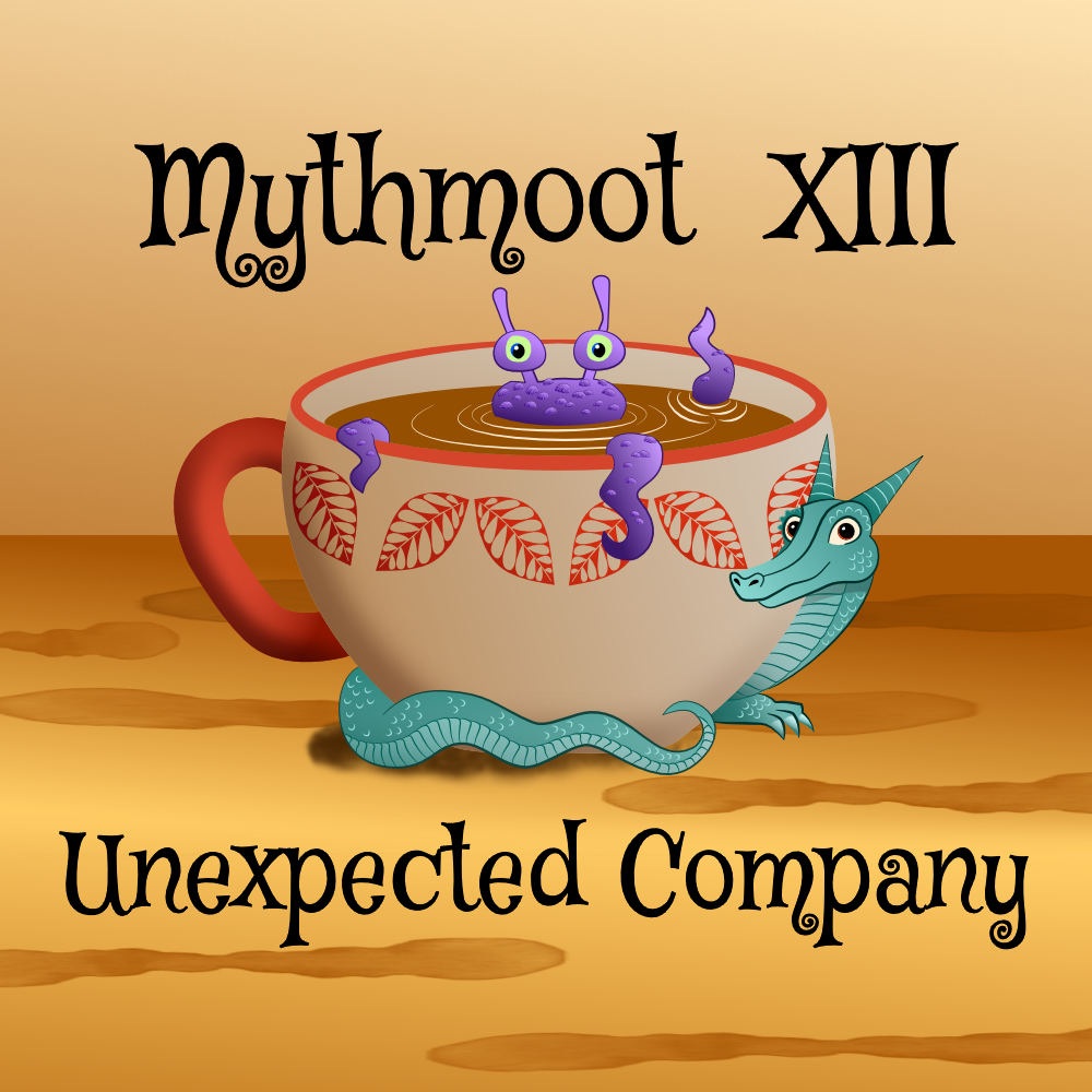 A banner with an orange tan background with the text, "Mythmoot XIII Unexpected Company" on the right. The left shows the top of a red and white tea cup with a cthulu inspired purple creature peering over the edge. A small teal dragon peaks up from the bottom corner of the tea cup and its snout reaches towards to the purple creature's tentacles hanging over the edge of the tea cup.