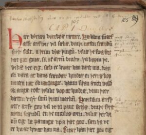 the first page of the law. Public domain. The title is "The Old Swedish Bjärköarätten: an English Translation". It is an old manuscript with cool illegible calligraphy and a red initial letter and chicken scratch writing in the margins!