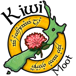 The country outline of New Zealand over Tolkien's The One Ring. A pink flower is superimposed over the country outline. Above the ring is the word "Kiwi", below the ring is the word "Moot".