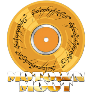A gold vinyl record with the Tengwar script of the One Ring etched upon it. Below the record says "Motown Moot".